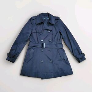 LAUREN Ralph Lauren Womens Double Breast Rain Coat Size Small Black Preppy